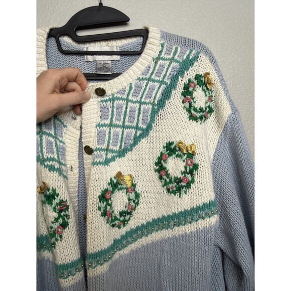 Vintage Baxter Wells Embroidered Wreath Christmas Cardigan Large Cottagecore - Picture 2 of 4